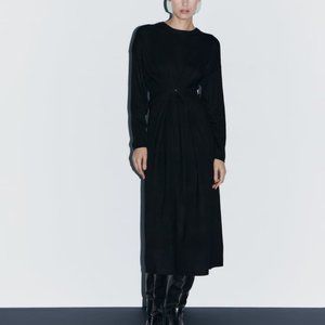 NWT BLACK 42% WOOL BLEND BUTTONED MULTIPOSITIONAL KNIT MIDI DRESS